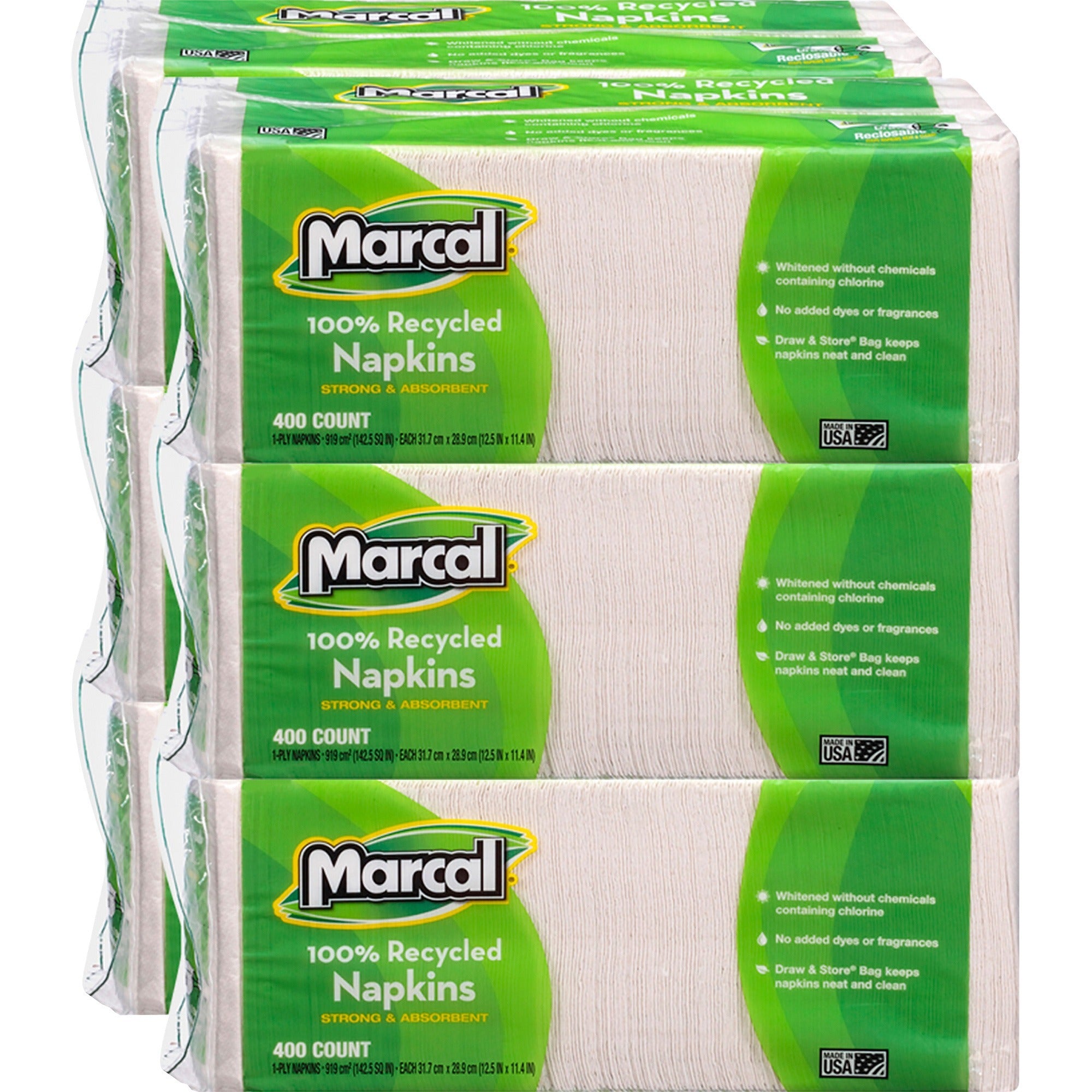Marcal 100% Recycled Luncheon Napkins - 1 Ply - 12.50" Width x 11.40" Length - White - Paper - 400/Pack - 6 / Carton