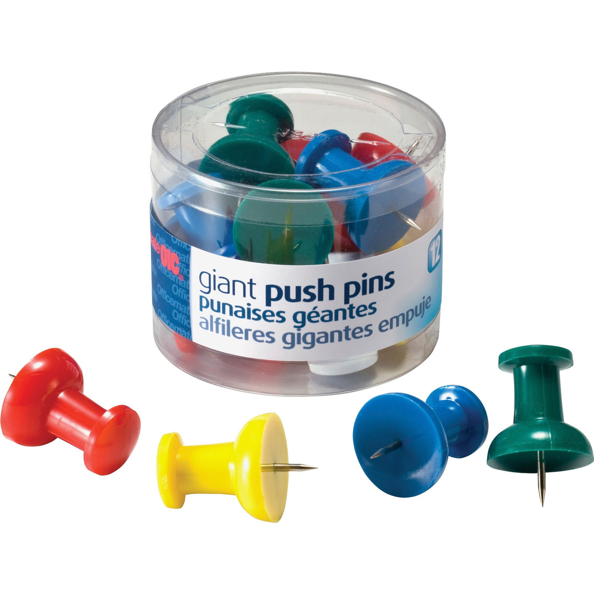 Officemate Giant Push Pins - 1.5" Length - Assorted - 12 / Pack
