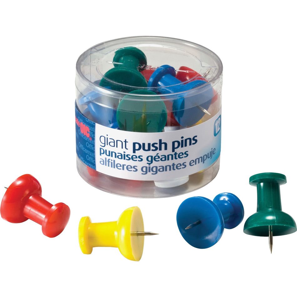 Officemate Giant Push Pins - 1.5" Length - Assorted - 12 / Pack