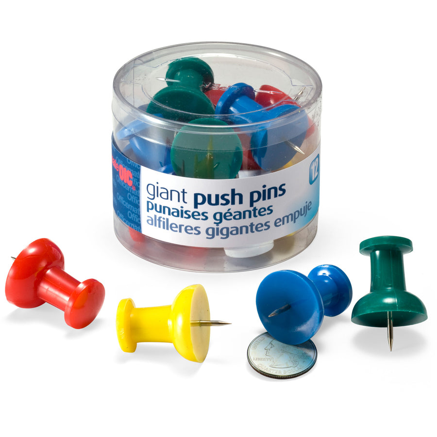 Officemate Giant Push Pins - 1.5" Length - Assorted - 12 / Pack
