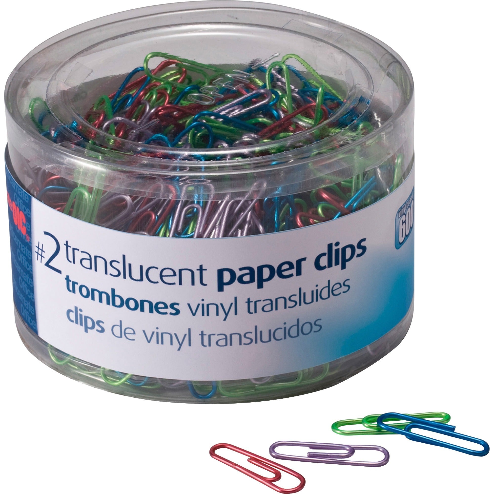 Officemate Translucent Vinyl Paper Clips - No. 2 - Blue, Purple, Green, Red, Silver - Vinyl - 600 / Pack