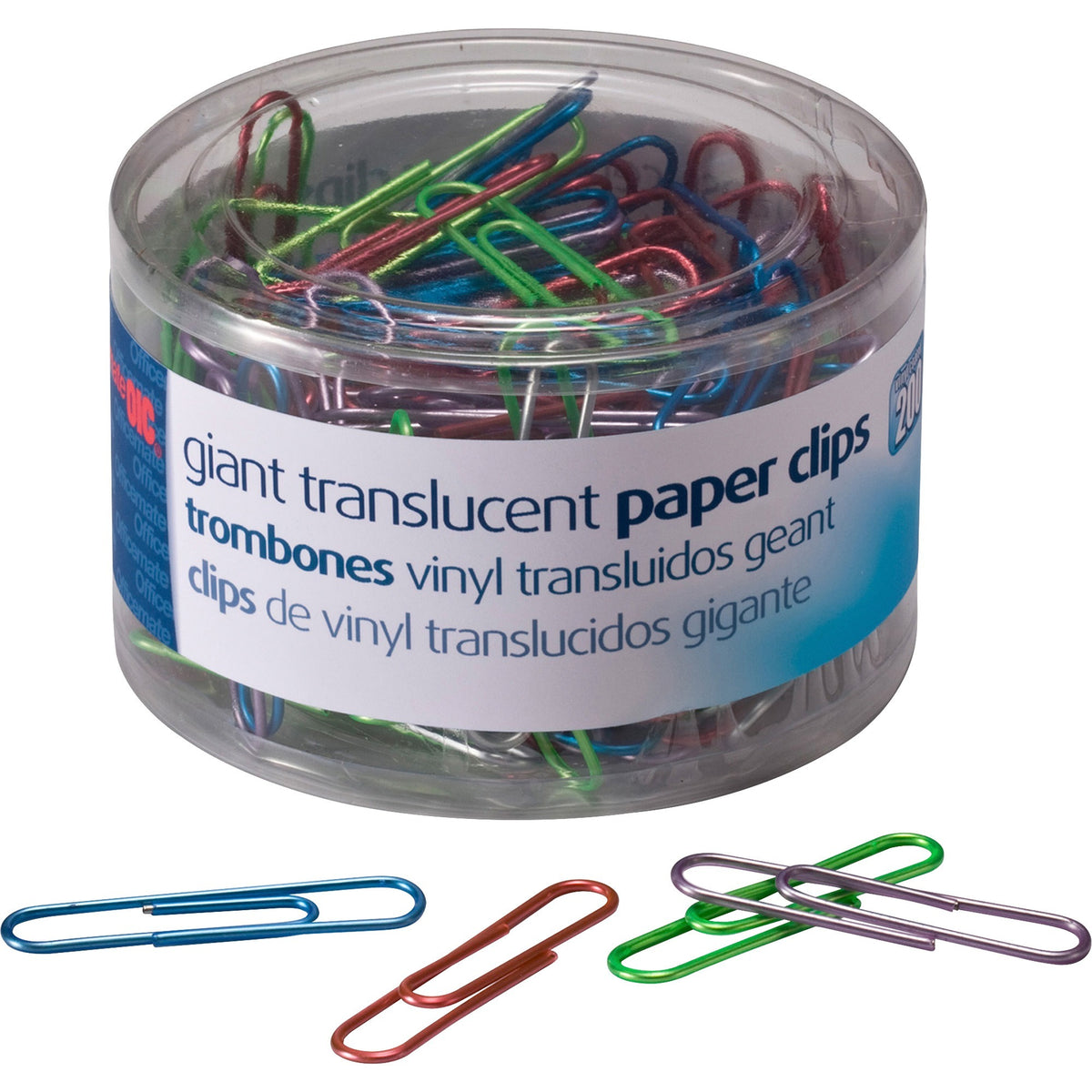 Officemate Translucent Vinyl Paper Clips - Jumbo - 2" Length x 0.5" Width - Blue, Red, Green, Silver, Purple - Vinyl - 200 / Pack
