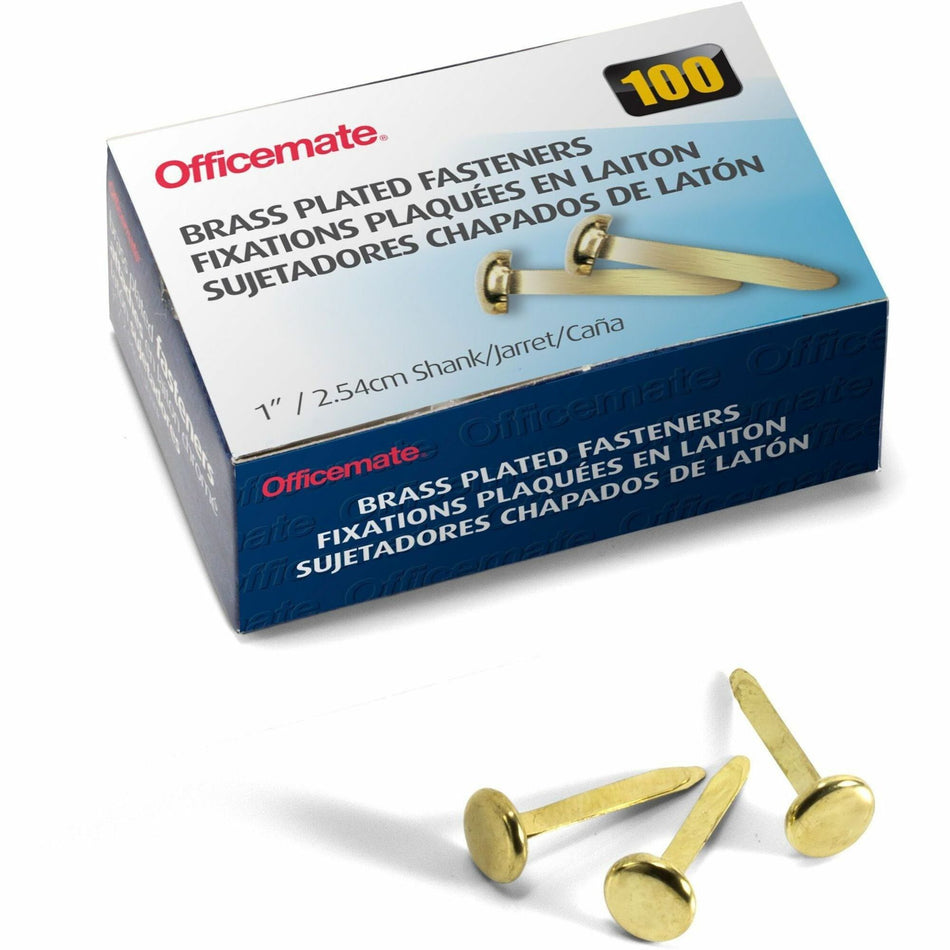 Officemate Round Head Fasteners - 1" Shank - 0.38" Head - Brass - 100 / Box