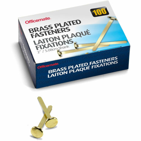 Officemate Round Head Fasteners - 2" Shank - 0.50" Head - Brass - 100 / Box