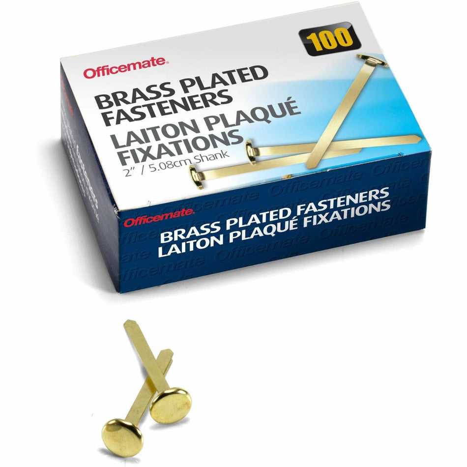 Officemate Round Head Fasteners - 2" Shank - 0.50" Head - Brass - 100 / Box