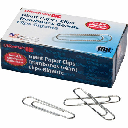 Officemate Jumbo Nonskid Paper Clips: 2’’ Length x 0.5’’ Width - Silver Steel - 100/Box - Clips