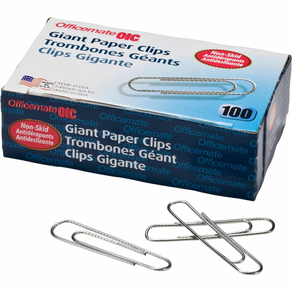 Officemate Giant Nonskid Paper Clips - Jumbo - 2" Length x 0.5" Width - Silver - Steel - 100/Box - 10 / Pack