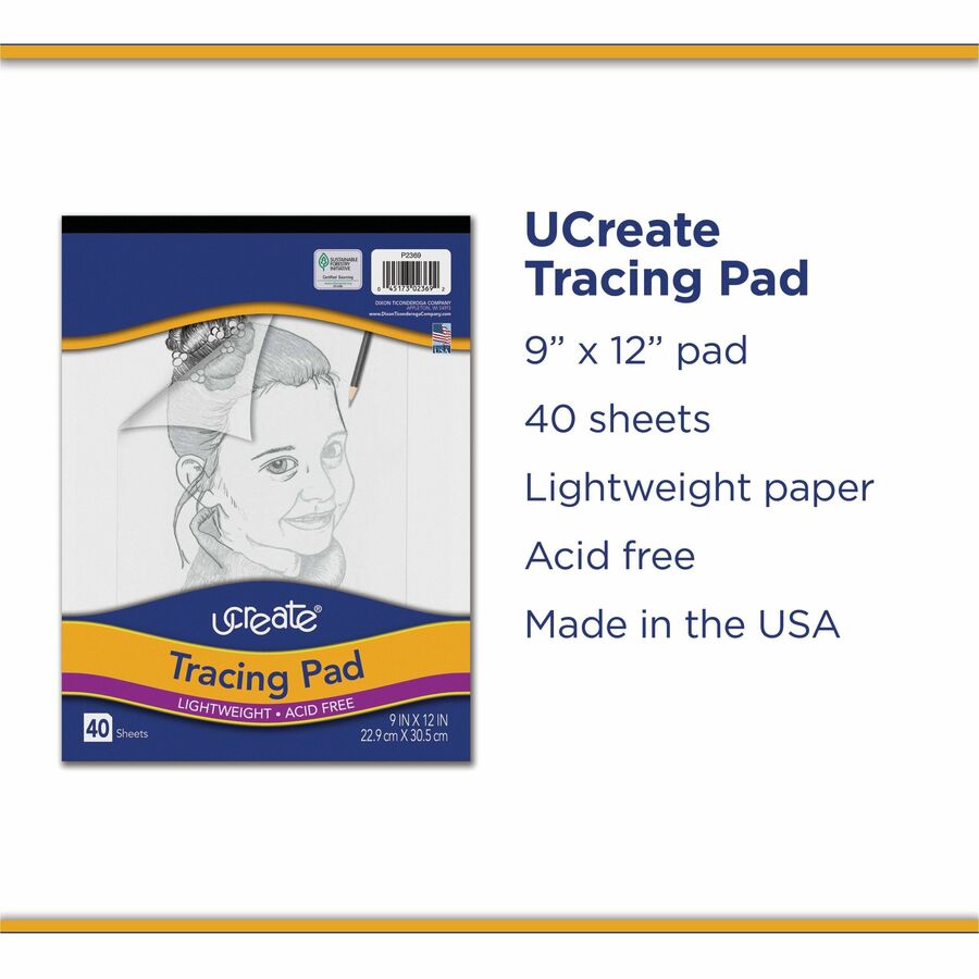 UCreate Tracing Pad - 40 Sheets - Plain - Unruled Margin - 9" x 12" Sheet Size - Transparent Paper - Bleed-free - 1 Pad
