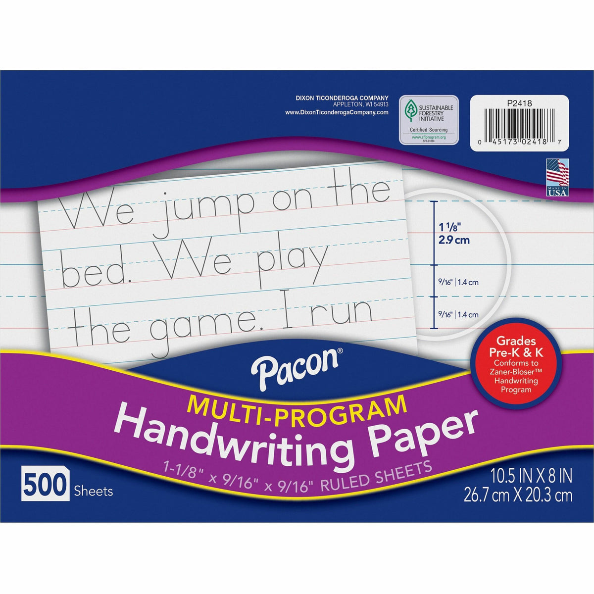 Pacon Multi-Program Handwriting Papers - 500 Sheets - 1.13" Ruled - Unruled Margin - 10 1/2" x 8" Sheet Size - White Paper - 500 / Ream