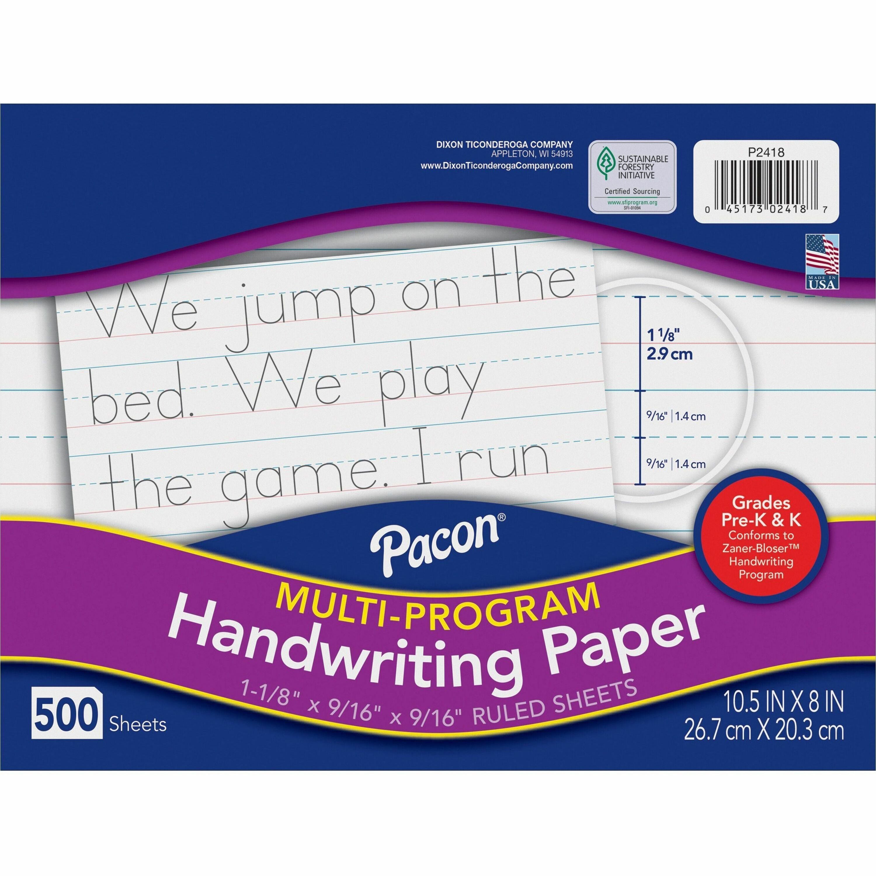 Pacon Multi-Program Handwriting Papers - 500 Sheets - 1.13" Ruled - Unruled Margin - 10 1/2" x 8" Sheet Size - White Paper - 500 / Ream