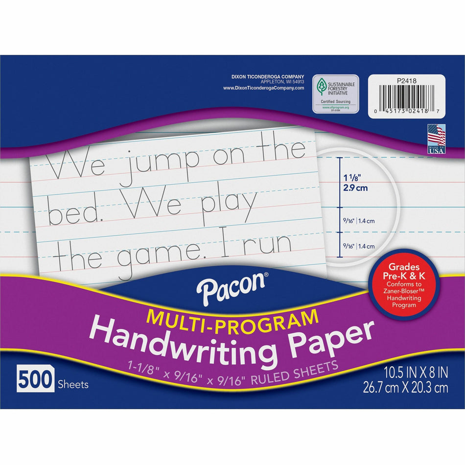 Pacon Multi-Program Handwriting Papers - 500 Sheets - 1.13" Ruled - Unruled Margin - 10 1/2" x 8" Sheet Size - White Paper - 500 / Ream