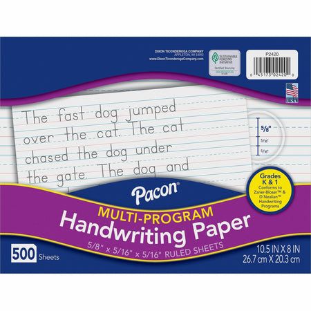 Pacon Multi-Program Handwriting Papers - 500 Sheets - 0.63" Ruled - Unruled Margin - 10 1/2" x 8" Sheet Size - White Paper - 500 / Ream