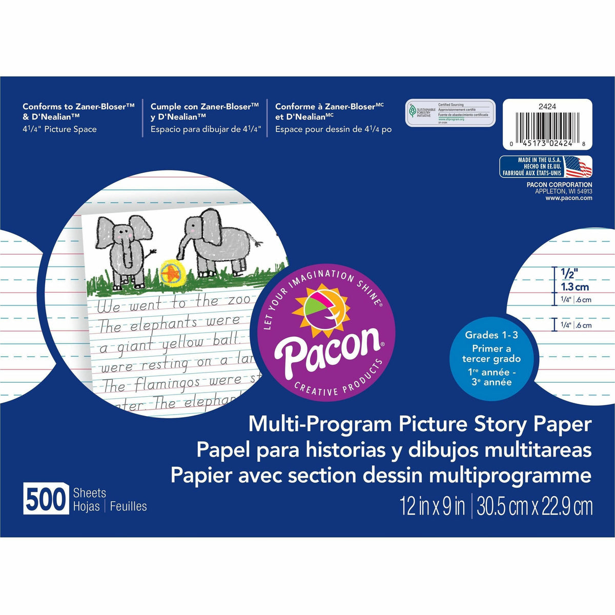 Pacon Multi-program Picture Story Paper - 0.50" Ruled - 4.25" Picture Story Space - Unruled Margin - 12" x 9" Sheet Size - Assorted Chipboard Cover - Hard Cover - 500 / Ream