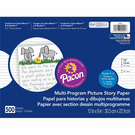 Pacon Multi-program Picture Story Paper - 0.50" Ruled - 4.25" Picture Story Space - Unruled Margin - 12" x 9" Sheet Size - Assorted Chipboard Cover - Hard Cover - 500 / Ream