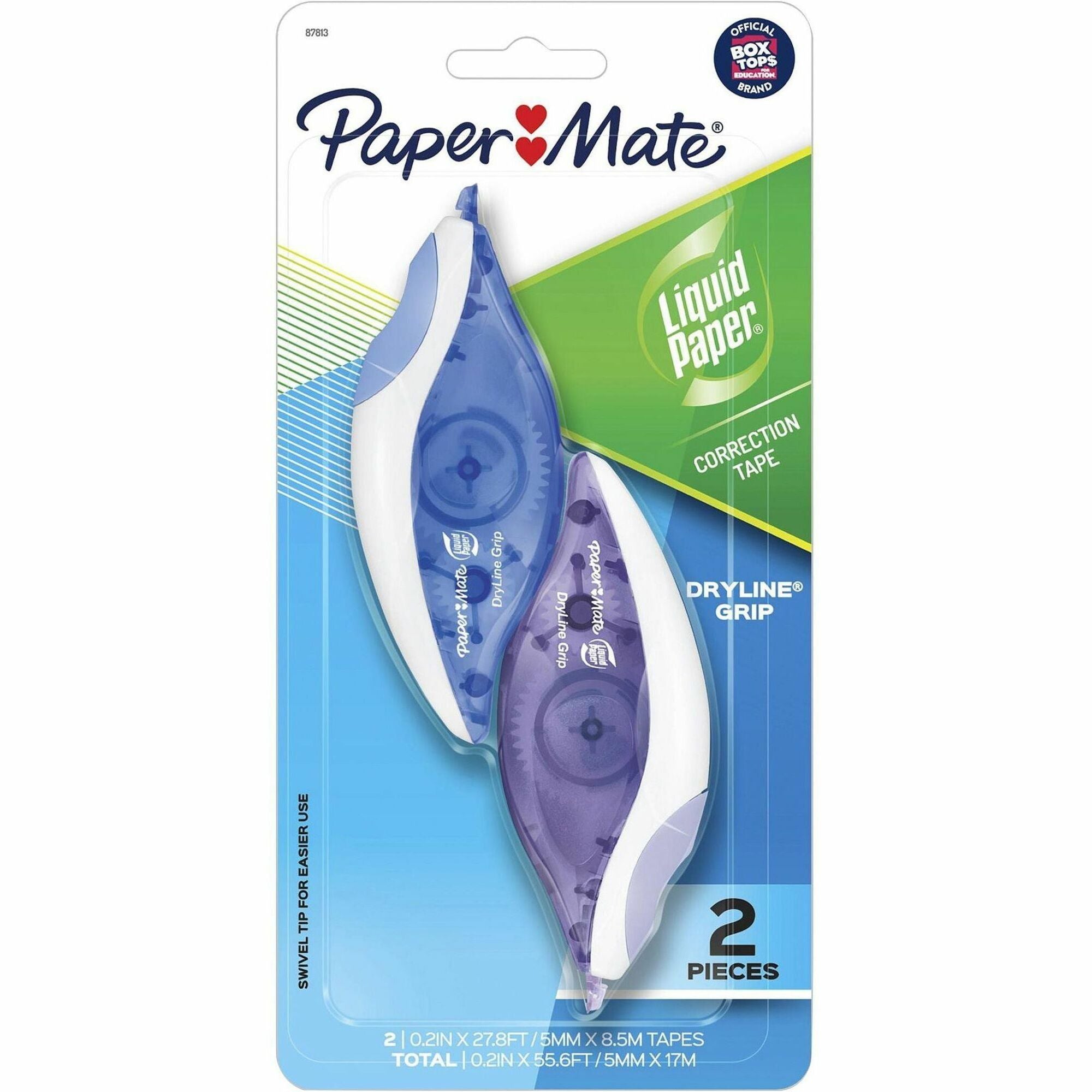 Paper Mate Translucent Dryline Grip Correction Tape - 0.20" Tape Width x 27.89 ft Tape Length - 1 Line(s) - White Tape - Ergonomic Assorted Dispenser - Break Resistant, Tear Resistant - Assorted - 2 / Pack