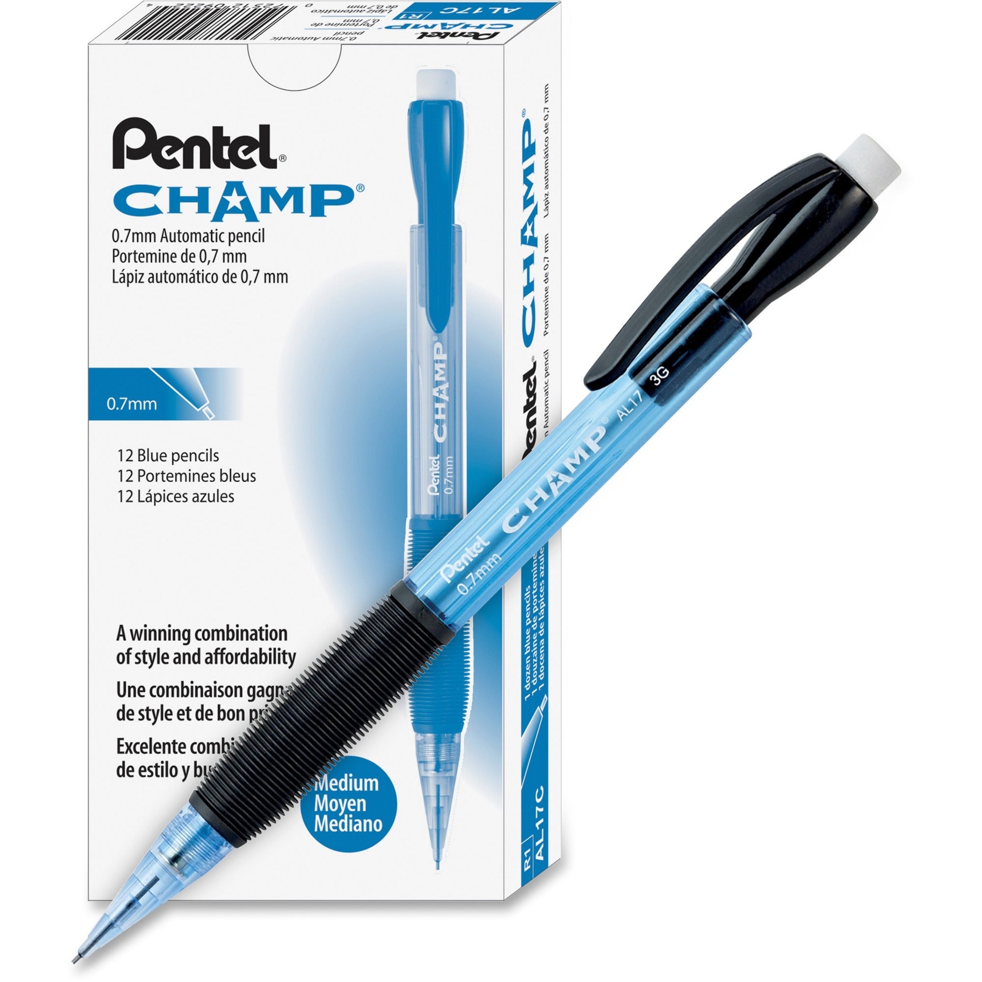 Pentel Champ Mechanical Pencils - 0.7 mm Lead - #2 - Refillable - Blue Barrel - 1 Dozen