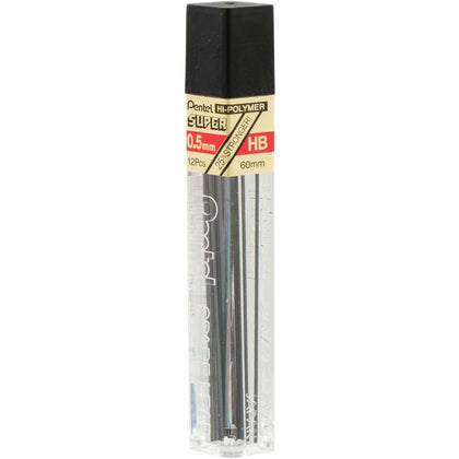 Pentel Super Hi-Polymer 0.5mm Fine Point HB Black Lead - 12 Pack - Refills