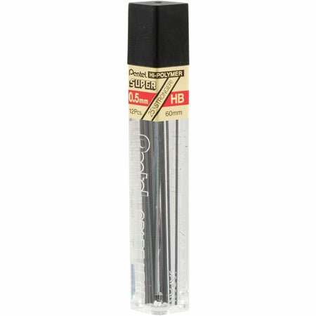 Pentel Super Hi-Polymer Leads - 0.5 mm , Fine Point - HB - Black Lead - 12 / Tube