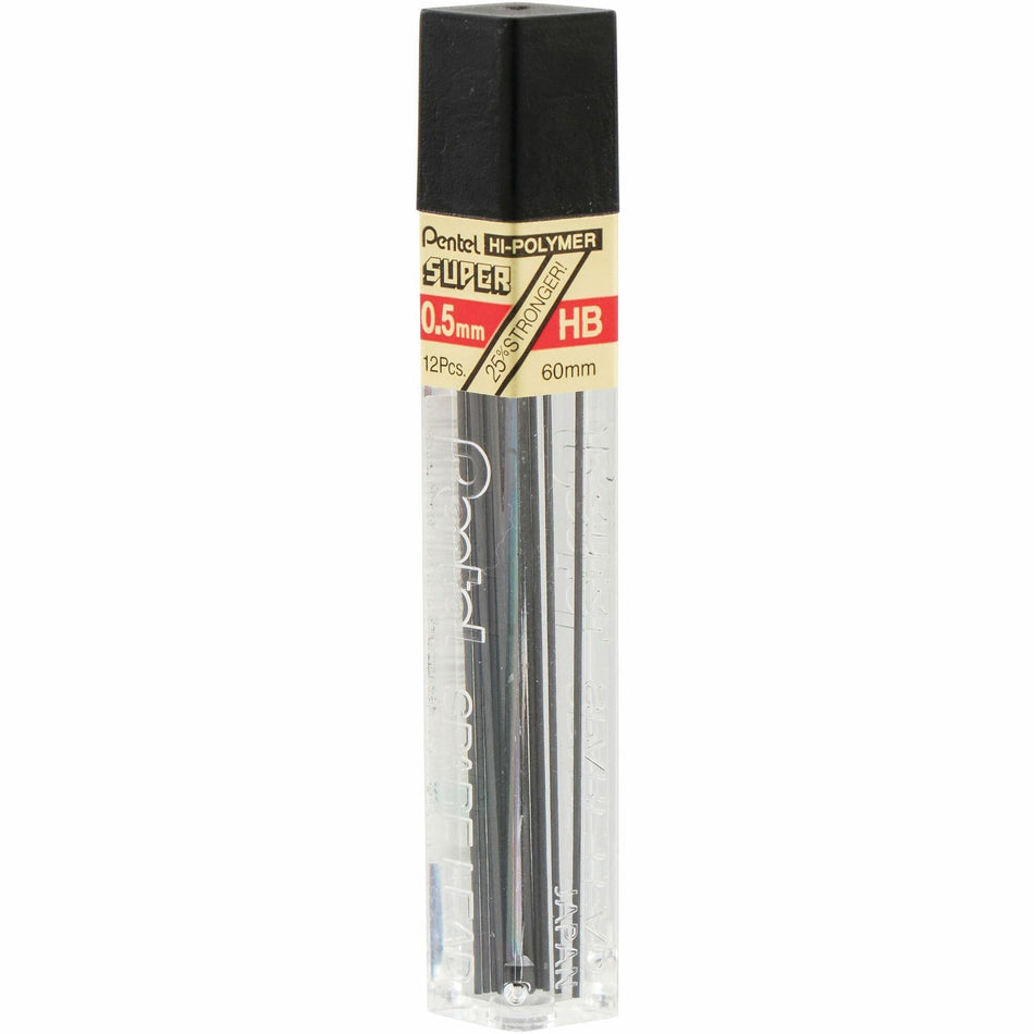 Pentel Super Hi-Polymer Leads - 0.5 mm , Fine Point - HB - Black Lead - 12 / Tube