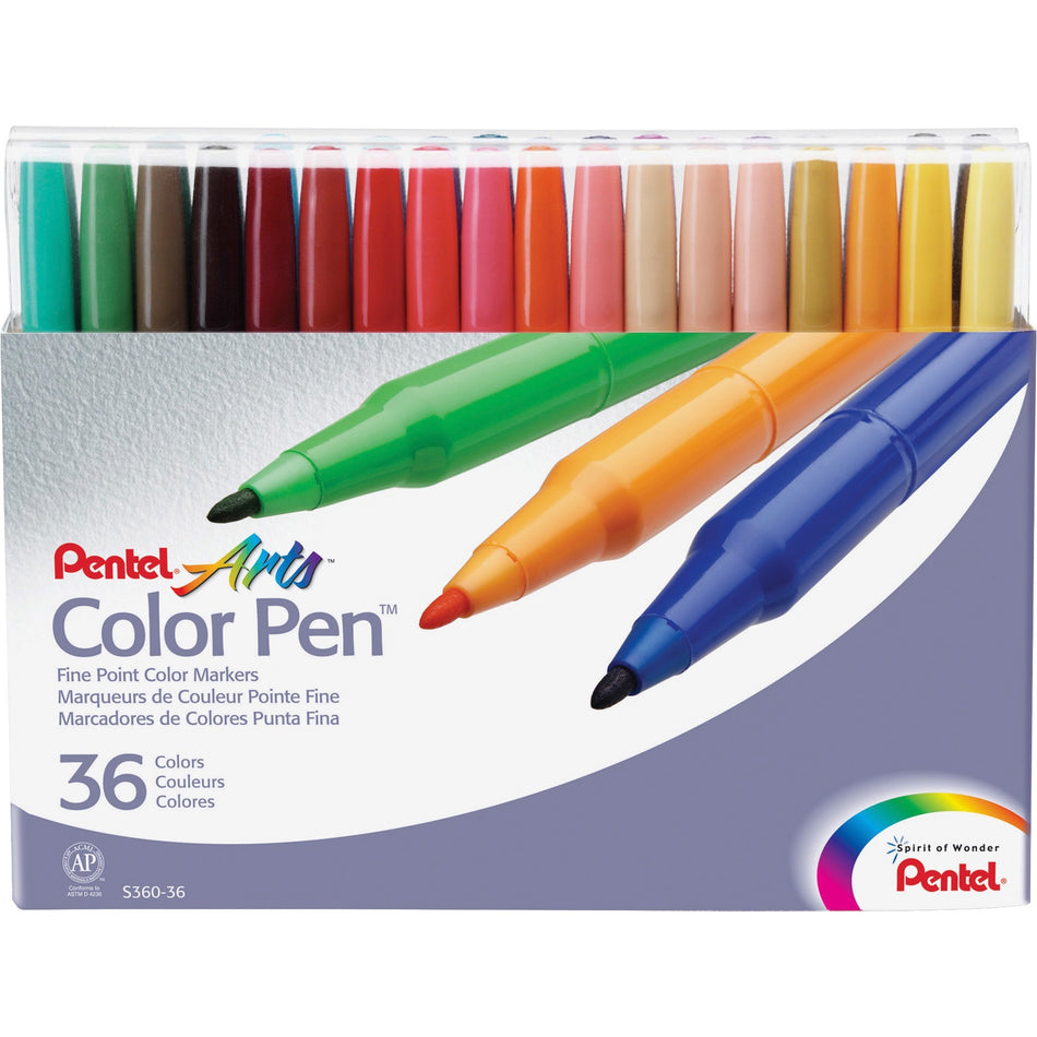 Pentel Arts Fine Point Color Pen Markers - Assorted Ink - Water Based - 36 / Set