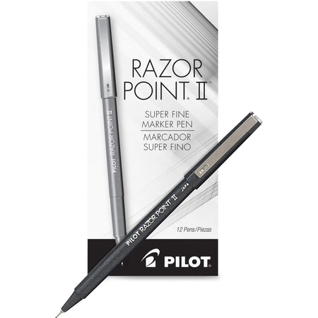 Pilot Razor Point II Marker Pens - 0.3 mm Super Fine Pen Point - Black Ink - Black Barrel - Plastic Tip - 1 Dozen