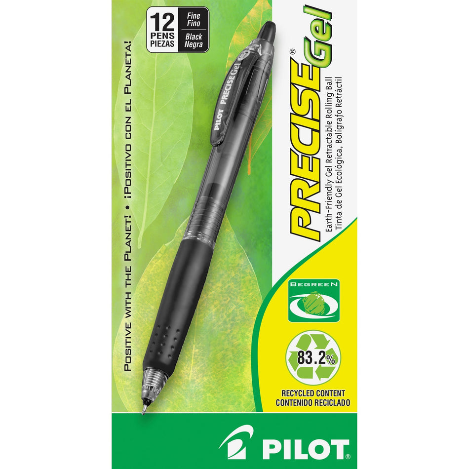 Pilot Precise Gel Fine Retractable BeGreen Pens - 0.7 mm Fine Needle Pen Point - Refillable - Retractable - Black Ink - Gel-based - Translucent Barrel - 1 Dozen