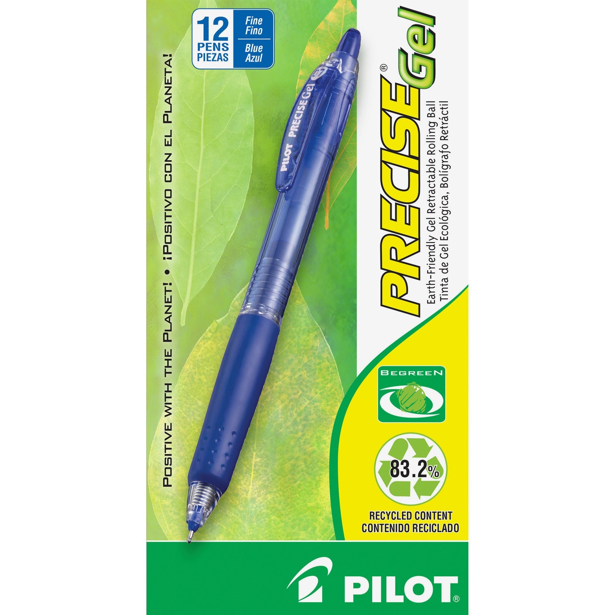 Pilot Precise Gel Fine Retractable BeGreen Pens - 0.7 mm Fine Needle Pen Point - Refillable - Retractable - Blue Ink - Gel-based - Translucent Barrel - 1 Dozen