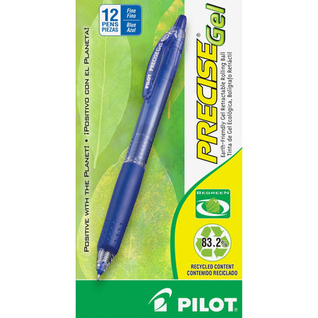 Pilot Precise Gel Fine Retractable BeGreen Pens - 0.7 mm Fine Needle Pen Point - Refillable - Retractable - Blue Ink - Gel-based - Translucent Barrel - 1 Dozen