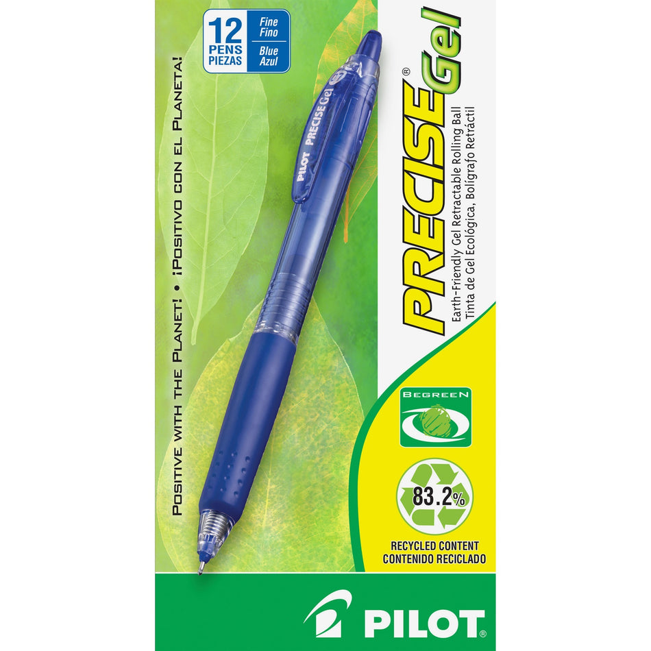 Pilot Precise Gel Fine Retractable BeGreen Pens - 0.7 mm Fine Needle Pen Point - Refillable - Retractable - Blue Ink - Gel-based - Translucent Barrel - 1 Dozen