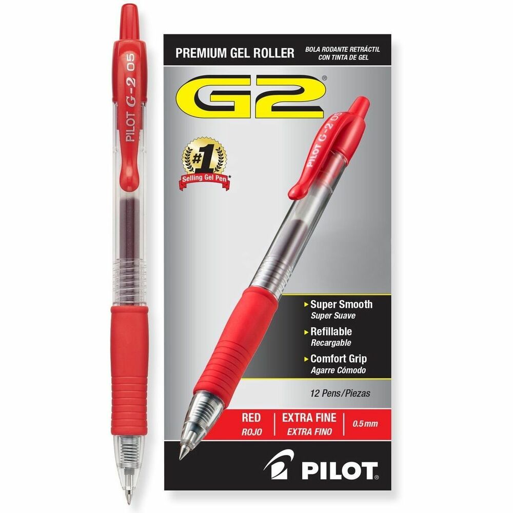 Pilot G2 Gel Ink Rolling Ball Pen - 0.5 mm Extra Fine Pen Point - Refillable - Retractable - Red Ink - Gel-based - 1 Dozen