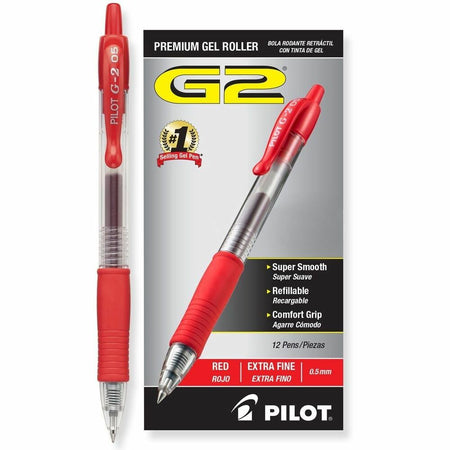 Pilot G2 Gel Ink Rolling Ball Pen - 0.5 mm Extra Fine Pen Point - Refillable - Retractable - Red Ink - Gel-based - 1 Dozen