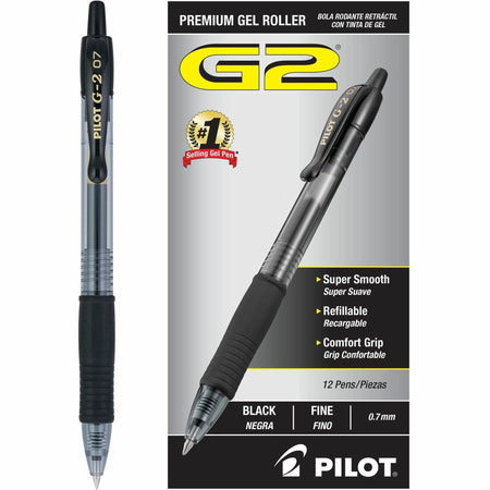 Pilot G2 Retractable Gel Ink Rollerball Pens - 0.7 mm Fine Pen Point - Refillable - Retractable - Black Ink - Gel-based - Clear Barrel - 1 Dozen