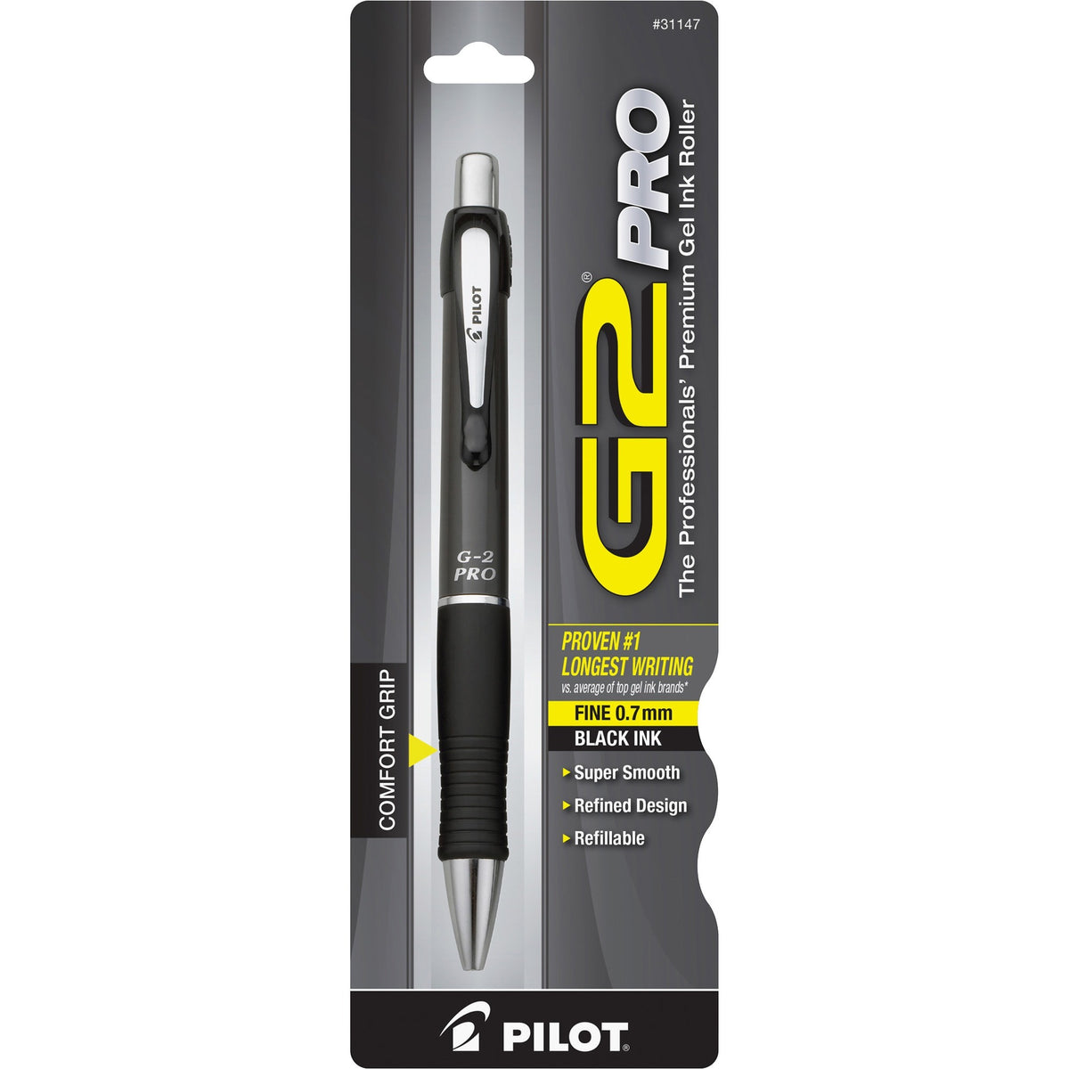 Pilot G2 Pro Retractable Gel Pen - 0.7 mm Fine Pen Point - Refillable - Retractable - Black Ink - Gel-based - Gray Barrel - 1 Each