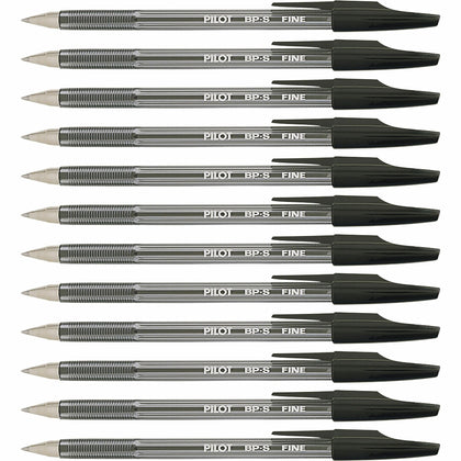 Pilot Better BP-S Ball Stick Pens - 0.7 mm Fine Pen Point - Refillable - Black Ink - Crystal, Clear Barrel - Stainless Steel Tip - 1 Dozen
