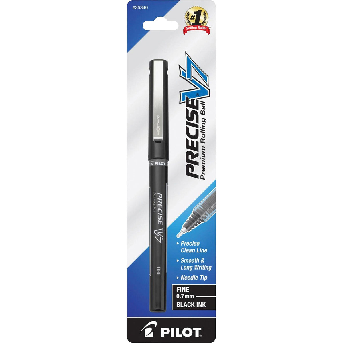 Pilot Precise V7 Fine Premium Capped Rolling Ball Pens - 0.7 mm Fine Pen Point - Black Ink - Black Plastic Barrel - 1 / Pack