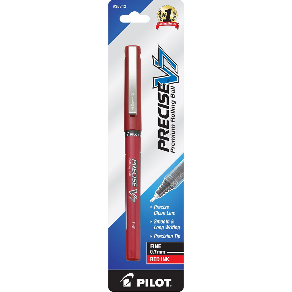Pilot Precise V7 Fine Premium Capped Rolling Ball Pens - 0.7 mm Fine Pen Point - Red Ink - Red Barrel - 1 Each