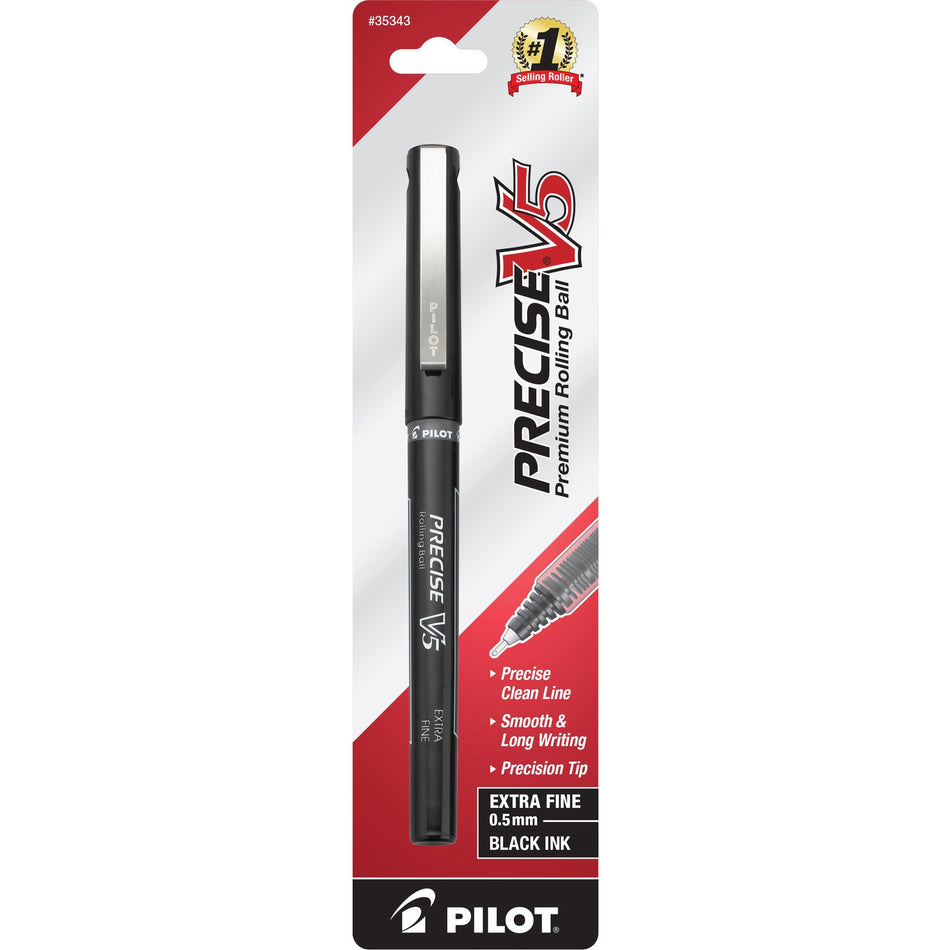 Pilot Precise V5 Premium Rolling Ball Pen - 0.5 mm Extra Fine Needle Pen Point - Black Ink - Black Barrel - 1 / Pack