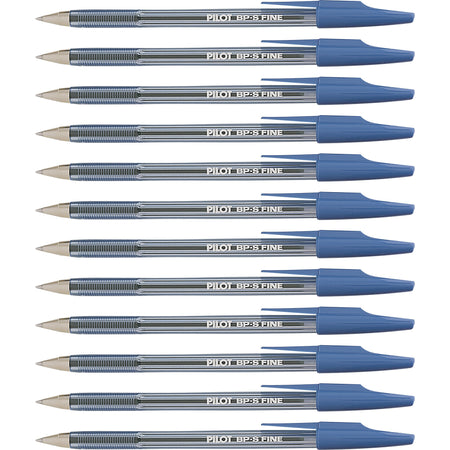 Pilot Better BP-S Ball Stick Pens - 0.7 mm Fine Pen Point - Refillable - Blue Ink - Crystal, Clear Barrel - Stainless Steel Tip - 1 Dozen