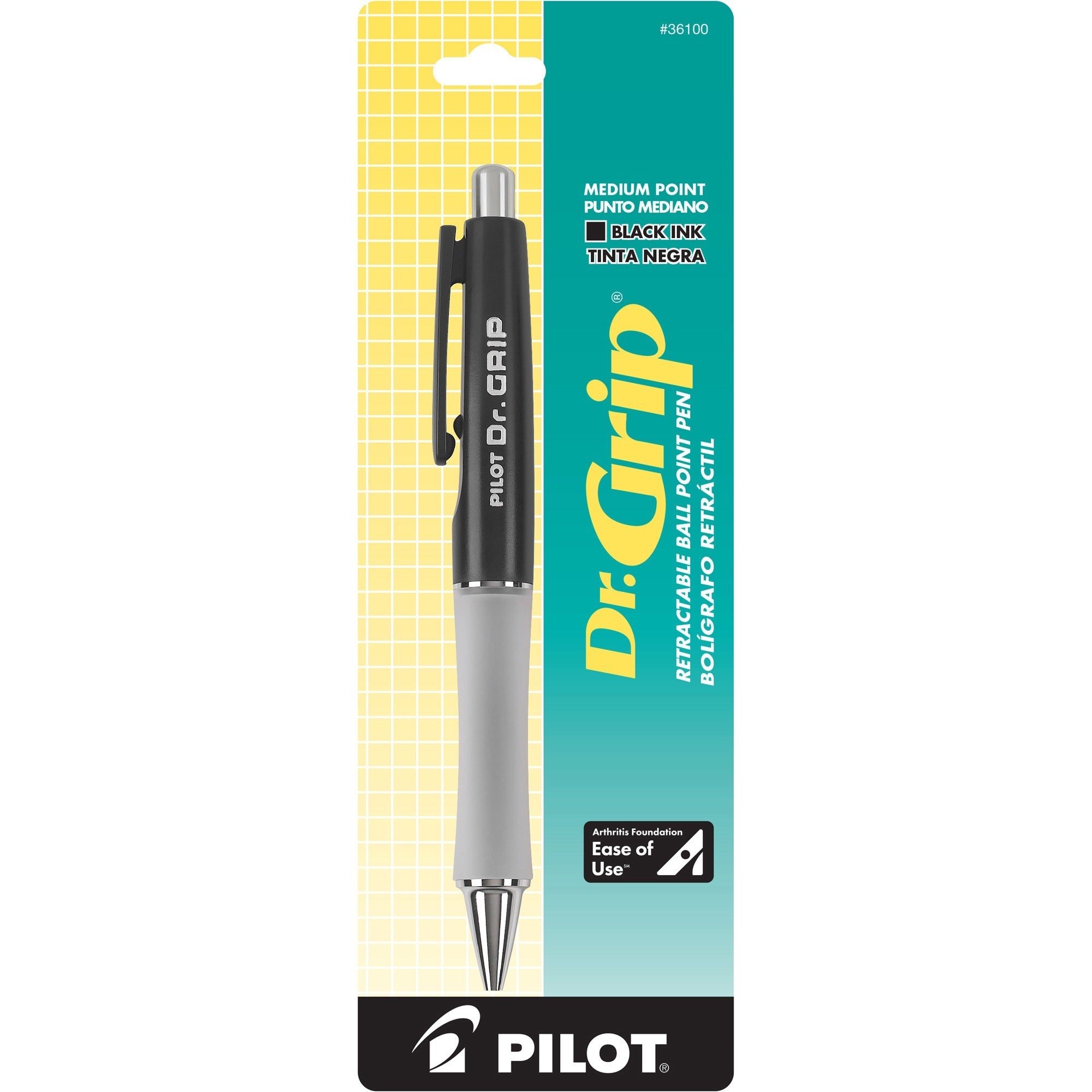 Pilot Dr. Grip Retractable Ballpoint Pens - 1 mm Medium Pen Point - Refillable - Retractable - Black Ink - Black Barrel - 1 Each