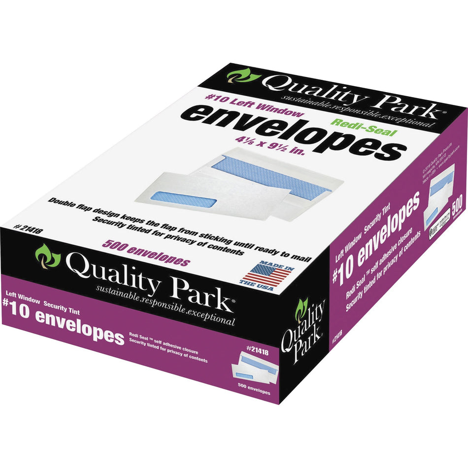 Quality Park No. 10 Single Window Security Tinted Business Envelopes with a Self-Seal Closure - Single Window - #10 - 4 1/8" Width x 9 1/2" Length - 24 lb - Self-sealing - White - Wove - 500 / Box