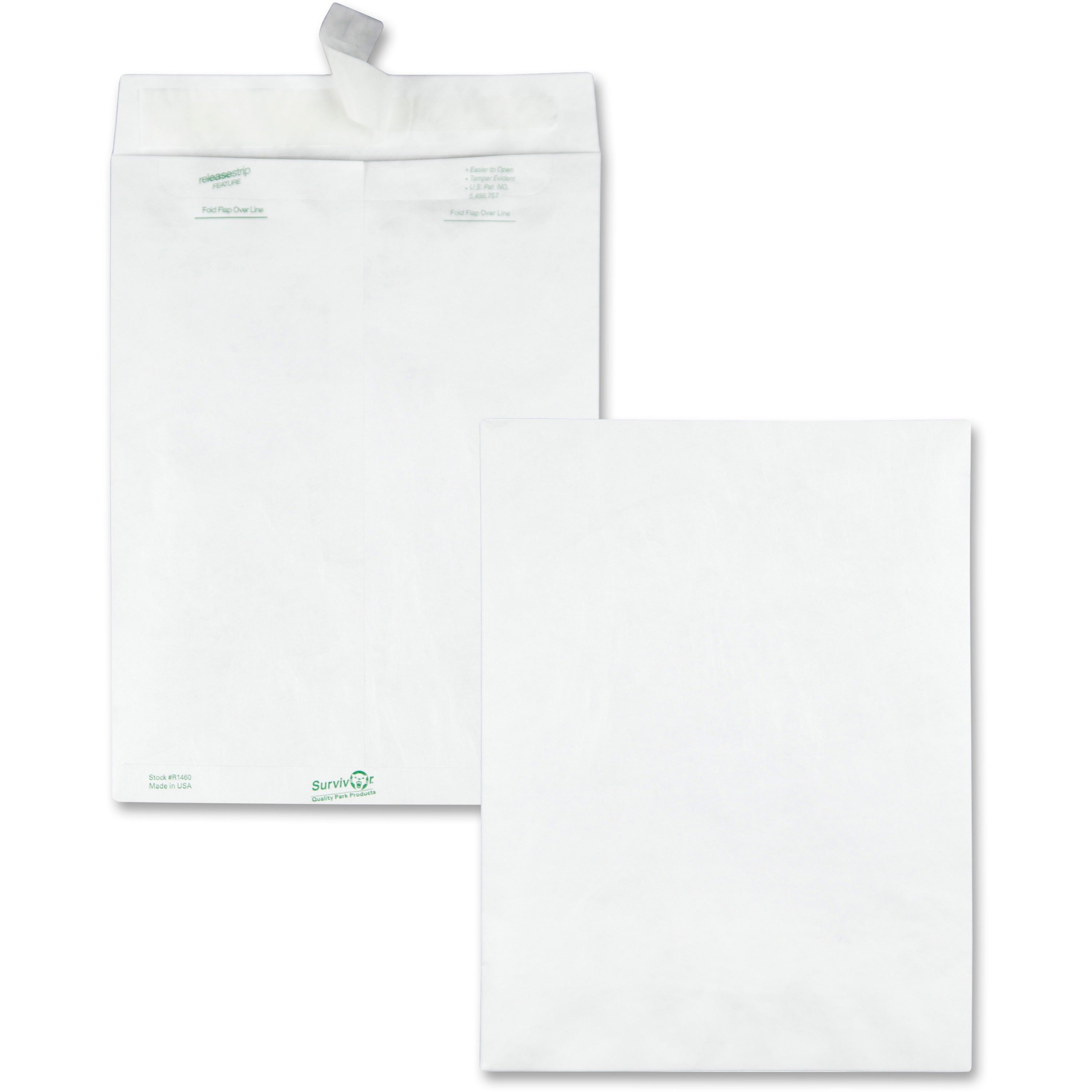 Survivor®  9 x 12 DuPont Tyvek Catalog Mailers with Self-Sealing Closure - Catalog - #10 1/2 - 9" Width x 12" Length - 14 lb - Peel & Seal - White - Tyvek - 100 / Box