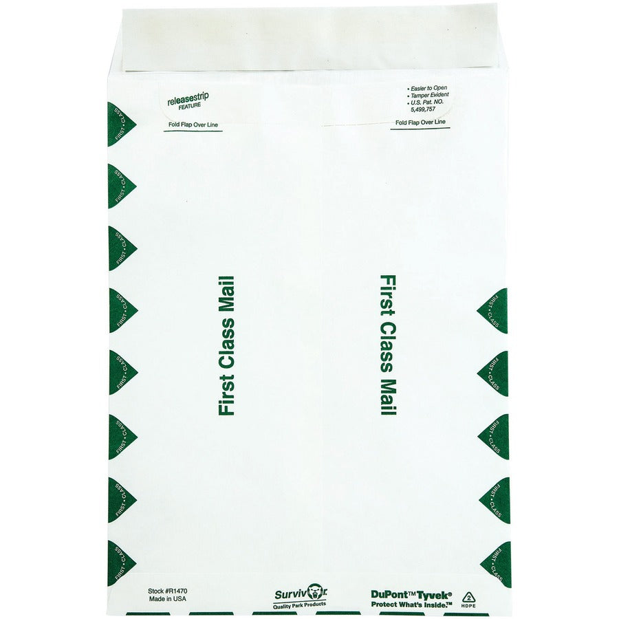 Survivor®  9 x 12 DuPont Tyvek First Class Border Mailers with Self-Seal Closure - First Class Mail - #10 1/2 - 9" Width x 12" Length - 14 lb - Peel & Seal - White - Tyvek - 100 / Box