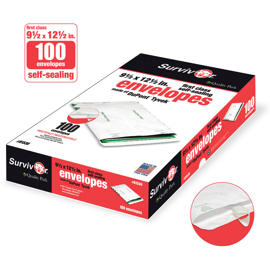 Survivor®  9-1/2 x 12-1/2 First Class Border Catalog Mailers with Redi-Strip Closure - First Class Mail - #12 1/2 - 9 1/2" Width x 12 1/2" Length - 14 lb - Peel & Seal - White - Tyvek - 100 / Box