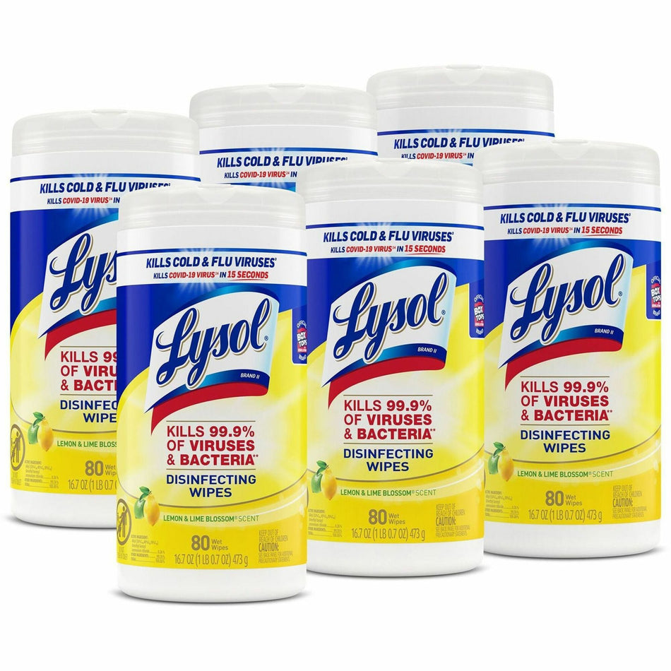Lysol Disinfecting Wipes - Ready-To-Use - Lemon, Lime Blossom Scent - 7" Length x 7.25" Width - Bleach-free, Antibacterial, Disinfectant, Pre-moistened - White - 80/Tub - 6 / Carton