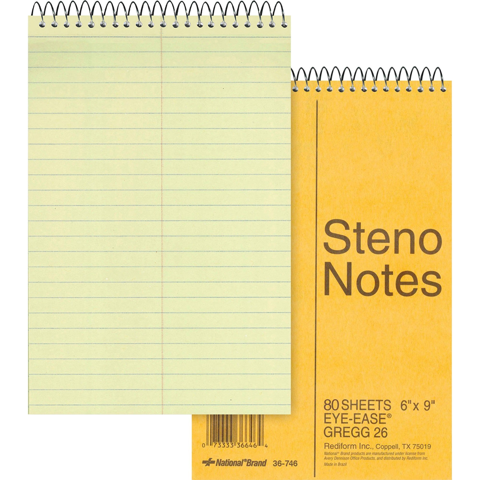 Rediform Steno Notebook - 80 Sheets - Wire Bound - Gregg Ruled Margin - 16 lb Basis Weight - 6" x 9" Sheet Size - Green Paper - Brown Board Cover - Hard Cover, Rigid - 1 Each