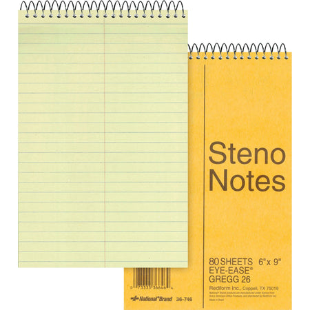 Rediform Steno Notebook - 80 Sheets - Wire Bound - Gregg Ruled Margin - 16 lb Basis Weight - 6" x 9" Sheet Size - Green Paper - Brown Board Cover - Hard Cover, Rigid - 1 Each
