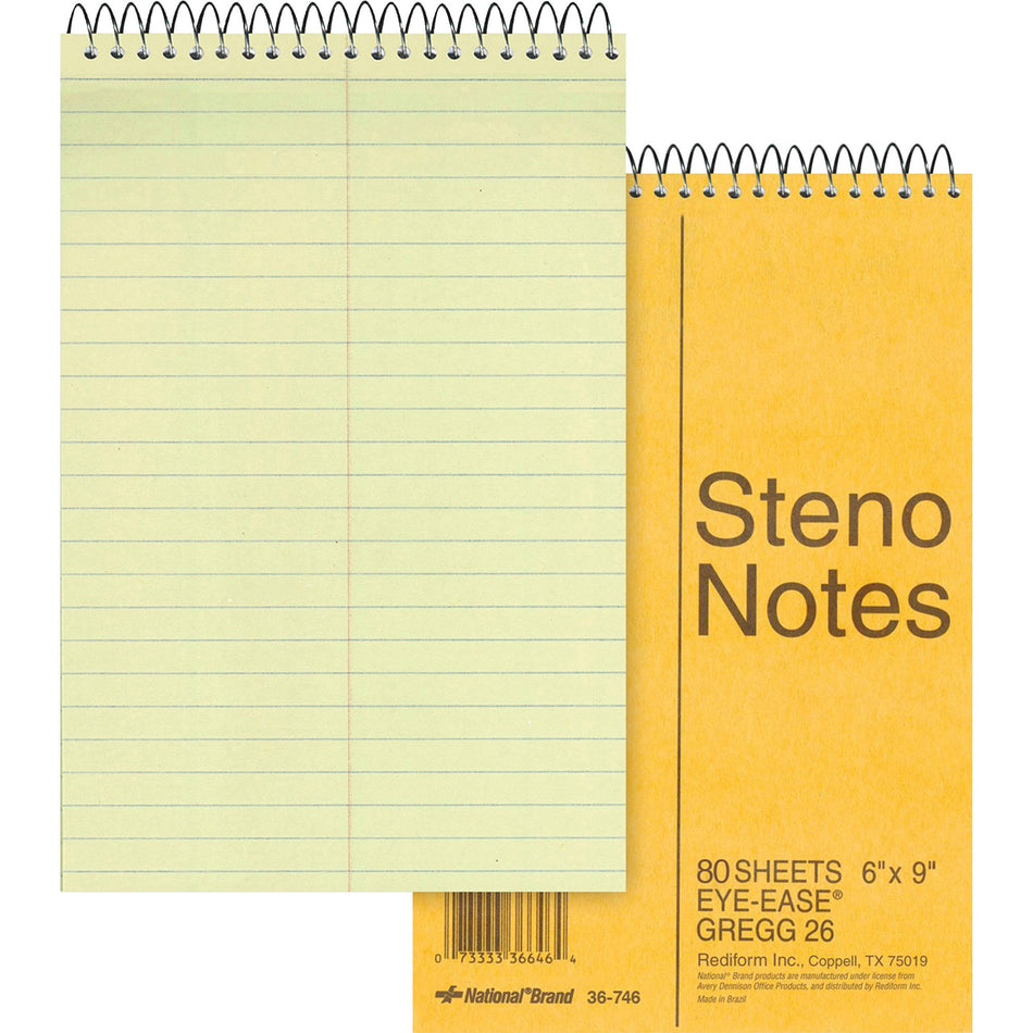 Rediform Steno Notebook - 80 Sheets - Wire Bound - Gregg Ruled Margin - 16 lb Basis Weight - 6" x 9" Sheet Size - Green Paper - Brown Board Cover - Hard Cover, Rigid - 1 Each