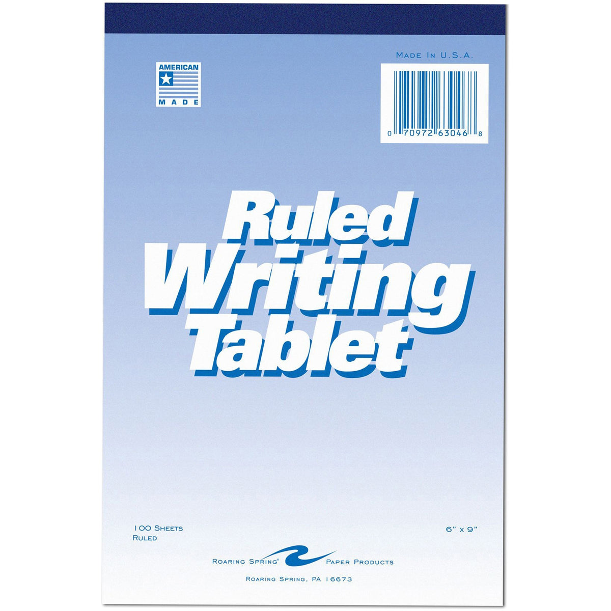 Roaring Spring Ruled Writing Tablets - 100 Sheets - Glued/Tapebound - 15 lb Basis Weight - 6" x 9" Sheet Size - White Paper - White Chipboard Cover - Chipboard Backing - 1 Each