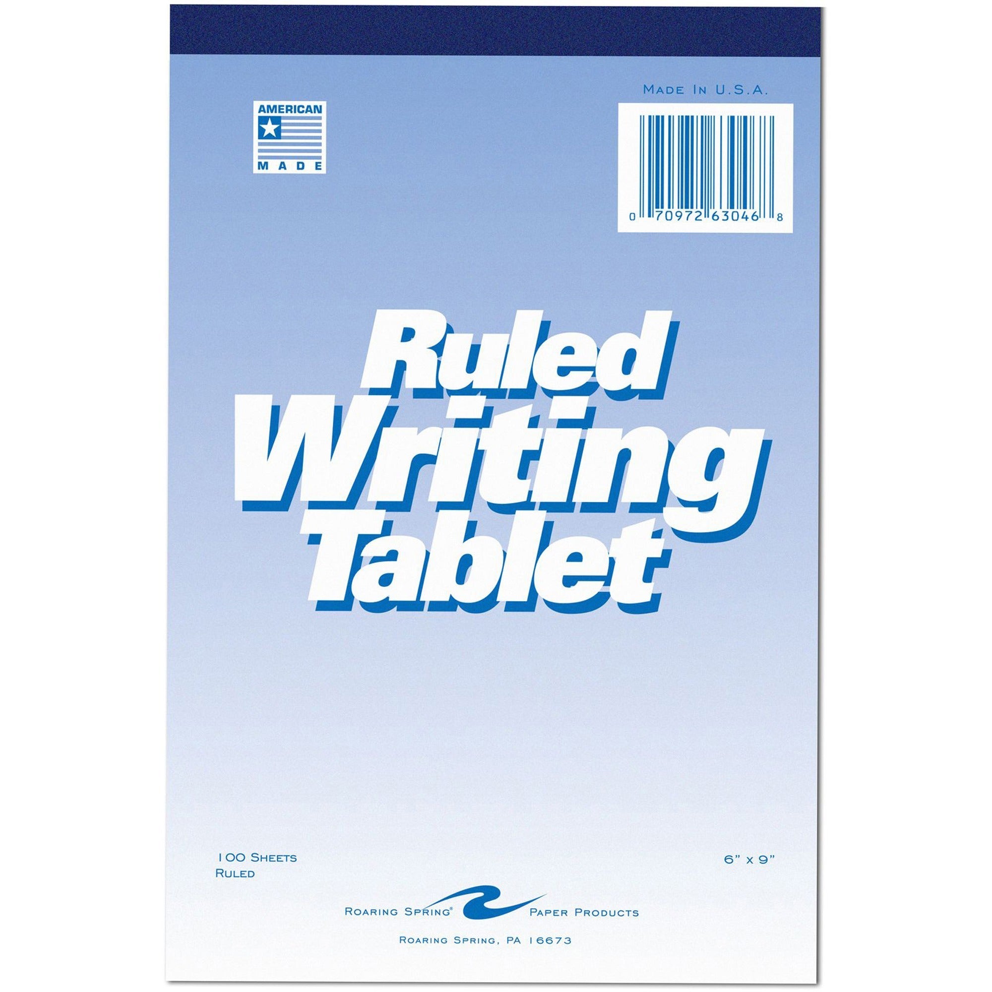 Roaring Spring Ruled Writing Tablets - 100 Sheets - Glued/Tapebound - 15 lb Basis Weight - 6" x 9" Sheet Size - White Paper - White Chipboard Cover - Chipboard Backing - 1 Each