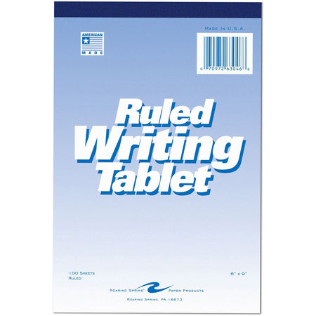 Roaring Spring Ruled Writing Tablets - 100 Sheets - Glued/Tapebound - 15 lb Basis Weight - 6" x 9" Sheet Size - White Paper - White Chipboard Cover - Chipboard Backing - 1 Each